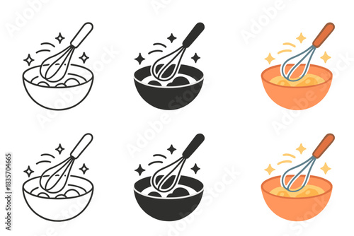 Creative Beaten Eggs. Eggs in bowl being whisked with frothy motion lines and sparkles, first in line style with thin outline,