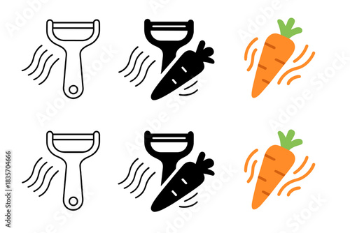 Stylized Carrot Peeler Icons. Vegetable peeler and carrot icon with stylized falling strips and motion lines, first in line style