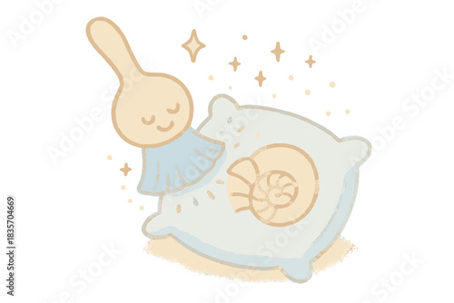 Dream Dusting Brush. A delicate smiling brush dusting a fossilized dream from a pillow, tiny sparkles floating around, soft