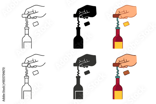 Corkscrew Fiesta. Hand using corkscrew to open wine bottle with cork mid-air, first in line style with thin outline, second in