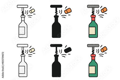 Corkscrew Animation Icons. Corkscrew and wine bottle with animated cork flying out and sound arcs, first in line style with thin