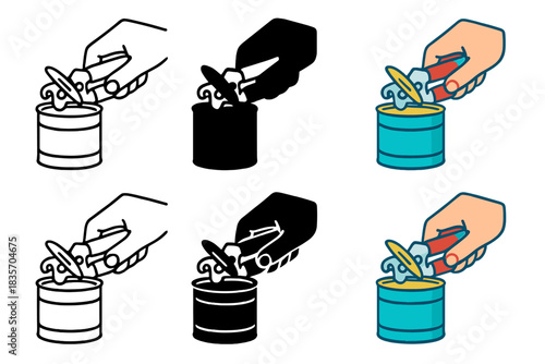 Can Opener Styles. Hand gripping can opener over tin can with lid lifting, first in line style with thin outline, second in solid