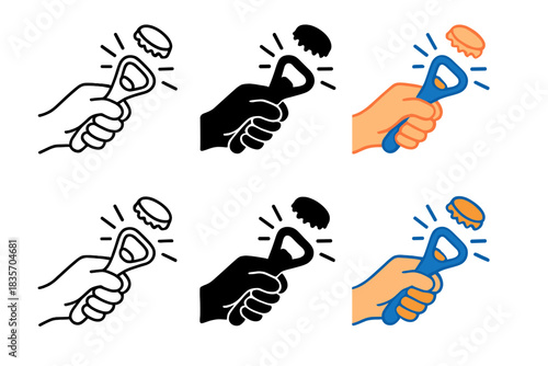 Dynamic Bottle Opener Styles. Hand gripping bottle opener with cap popping off and motion waves, first in line style with thin