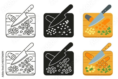 Chopping Board Styles. Cutting board with assorted chopped ingredients and knife mid-action, first in line style with thin outline