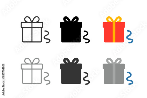 Gift Box Styles. Loose ribbon curl beside opened gift box first in line style with thin outline, second in solid style filled