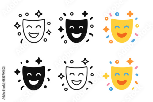 Colorful Festival Masks. Smiling mask surrounded by confetti and stars first in line style with thin outline, second in solid