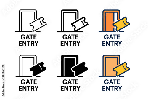 Ticket Style Variations. Gate entry sign with ticket symbol beside door first in line style with thin outline, second in solid