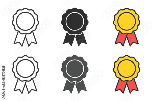 Colorful Award Ribbons. Award ribbon with two tails and circular badge first in line style with thin outline, second in solid