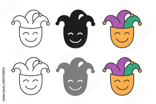 Colorful Jester Masks. Jester hat placed on comedy mask with smile first in line style with thin outline, second in solid style