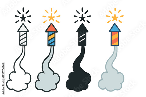 Fireworks Exploding Styles. Trail of smoke beneath exploding rocket firework first in line style with thin outline, second in