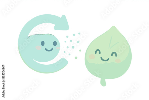 Refreshing Mist Delight. A happy "refresh" symbol spraying a friendly mist over a smiling leaf, soft rounded friendly shapes,