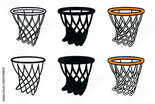 Basketball Net Styles. Close-up of woven basketball net swinging after shot first in line style with thin outline, second in solid