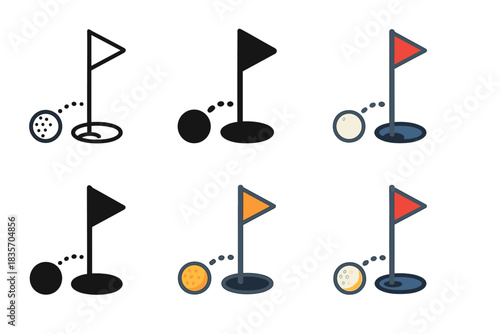 Golf Ball Styles Variety. Golf ball rolling toward hole with flagstick first in line style with thin outline, second in solid