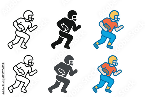 Gridiron Player Evolution. Player wearing helmet running on gridiron field first in line style with thin outline, second in solid