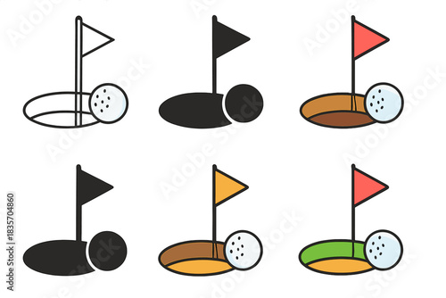 Golf Ball Styles. Golf ball resting beside hole edge close to win first in line style with thin outline, second in solid style