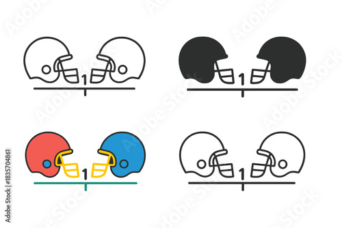 Colorful Helmet Evolution. Two helmets facing each other on yard line first in line style with thin outline, second in solid style