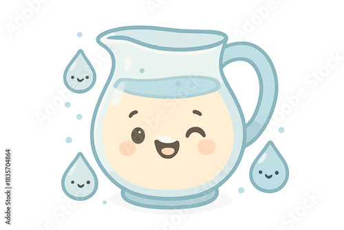Friendly Refill Pitcher. A happy "refill" pitcher with a friendly winking face, tiny droplets with smiles, soft rounded friendly