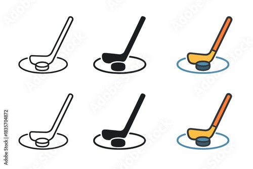 Hockey Stick Designs. Stick blade resting on puck near center circle first in line style with thin outline, second in solid style