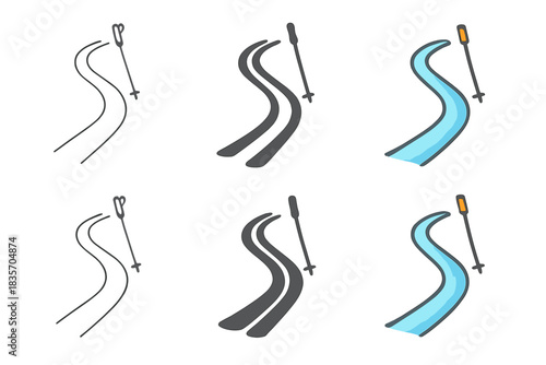 Artistic Ski Track Styles. Ski tracks curving down mountain with poles beside first in line style with thin outline, second in