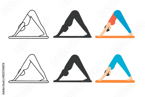 Yoga Poses Evolution. Figure stretching in downward dog pose on mat first in line style with thin outline, second in solid style