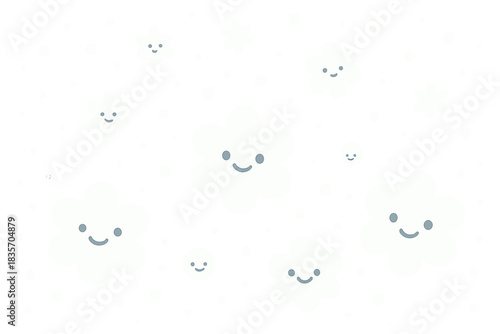 Smiling Snowflakes Dance. A happy "crescendo" of falling snow with tiny smiling flakes, soft rounded friendly shapes, pastel white