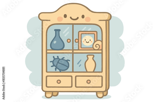 Curiosities Cabinet Reflection. A cheerful cabinet of curiosities holding a tiny smiling captured reflection, soft rounded doodle