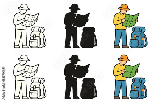 Traveler Unfolds Colorful Map. Traveler unfolding map beside large backpack first in line style with thin outline, second in solid