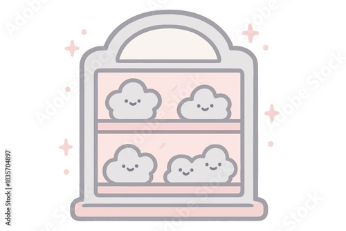 Cheerful Sparkle Display. A cheerful display case with tiny happy sparkles for forgotten rumors, soft rounded doodle forms, pastel