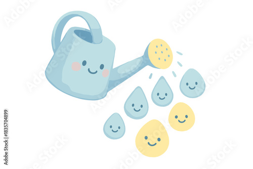 Cheerful Watering Can. A happy watering can pouring tiny smiling "saved moments," soft rounded friendly shapes, pastel blue and