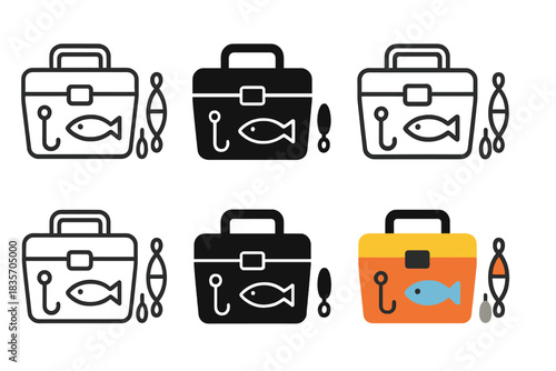 Tackle Box Styles. Tackle Box Gear first in line style with thin outline, second in solid style filled shape, third in flat style