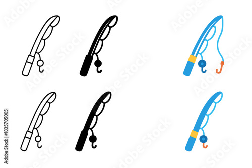 Fishing Rod Styles. Rod Cast Line first in line style with thin outline, second in solid style filled shape, third in flat style