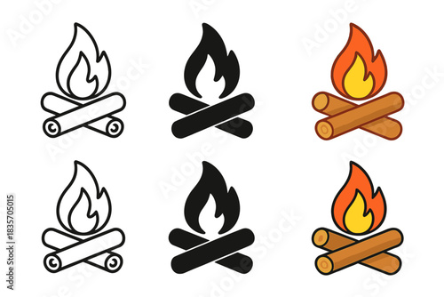 Stylized Fireplace Flames. Fireplace Log Flame first in line style with thin outline, second in solid style filled shape, third in