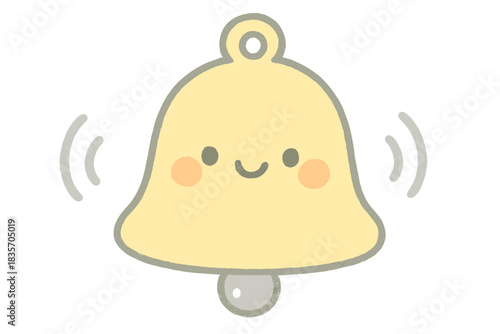 Cheerful Bell Doodle. A cheerful bell with tiny happy chime waves, soft rounded doodle forms, pastel yellow and gray palette, No