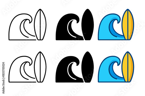 Surfboard Design Styles. Wave Surf Board first in line style with thin outline, second in solid style filled shape, third in flat