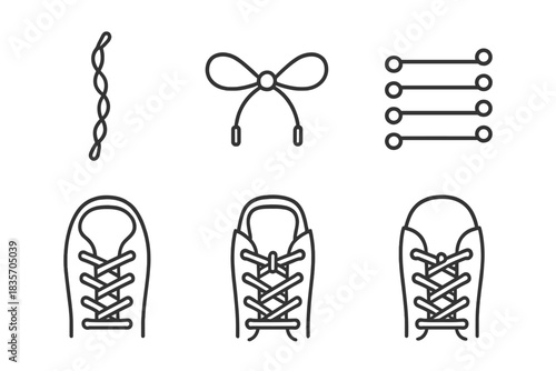Knotted Footwear Icon Set. Line style vector icons of knotted footwear closures: twisted lace strand, locked bow, ordered eyelet