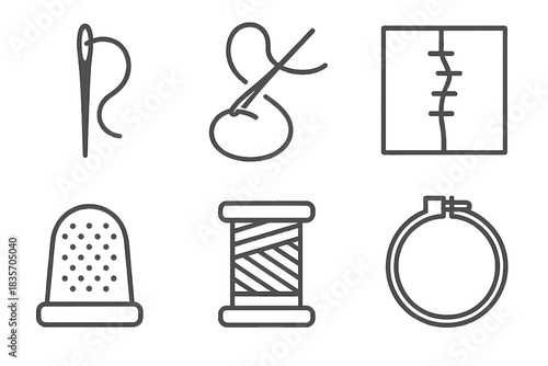 Garment Repair Icons. Line style vector icons of garment repair: fixing needle, joining thread line, aligned fabric tear,
