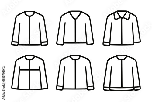 Minimalist Jacket Icons. Line style vector icons of minimalist jacket concepts: simple torso block, clean chest line, plain collar