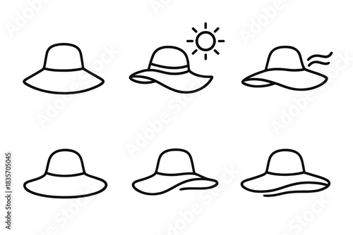 Stylish Beach Hats. Line style vector icons of warm-weather beach hats: protective brim outline, lifted crown curve, tide-motion