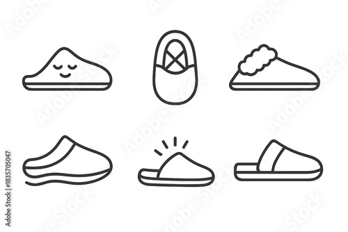 Soothing House Shoes Icons. Line style vector icons of soothing house shoes: serene slip-on figure, tender cushioned inlay,