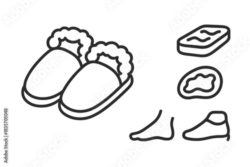 Cozy Indoor Footwear Icons. Line style vector icons of cozy indoor footwear: plush house slip-ons, padded sole layer, gentle