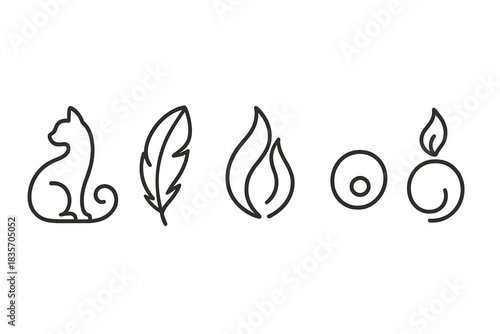 Feline Fire Icons. Line style vector icons of feline plume fire: graceful cat outline, lifted tail curl, soft feather form, tiny