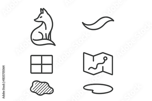 Fox Map Line Art. Line style vector icons of wild map dimness: poised fox shape, tail flow line, simplified map grid, directional