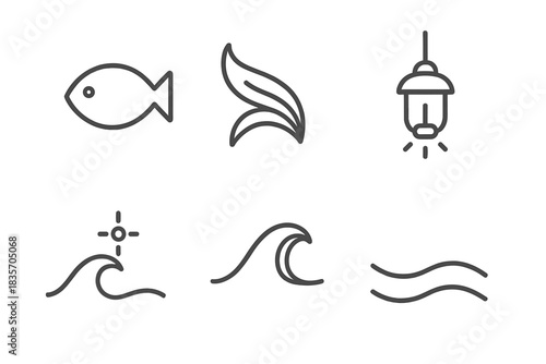 Aquatic Lamp Icons. Line style vector icons of aquatic lamp tide: fluid fish shape, flowing fin arc, suspended light lantern, tiny