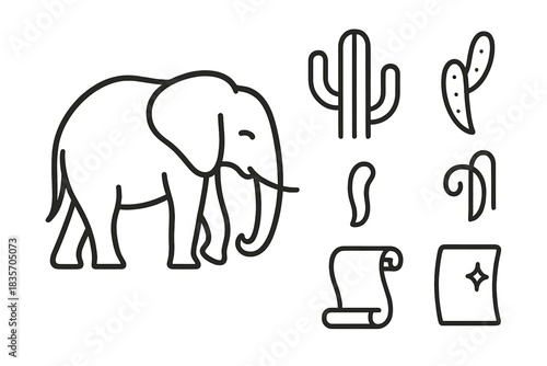 Elephant Cactus Icons. Line style vector icons of large-ear arid scrollwork: gentle elephant contour, trunk flow, arid cactus stem