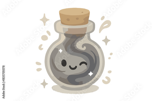 Mystical Vial Essence. A tiny vial with a winking face, swirling shadowy sound inside, floating sparkles, cute abstract details,