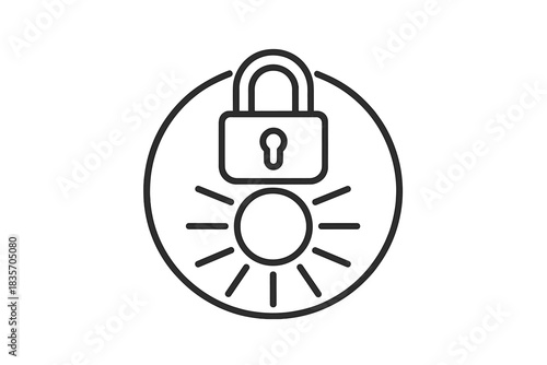 Solar Token Icon. Line style vector icons of lockslot solar token: slim lockslot form, centered opening, bright solar circle,