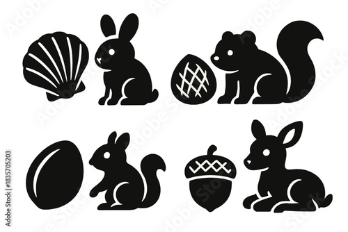 Nature's Collectors Icons. Icons for: a curved shell beside a soft-furred collector, a hard nut resting by a plush-bodied forager,