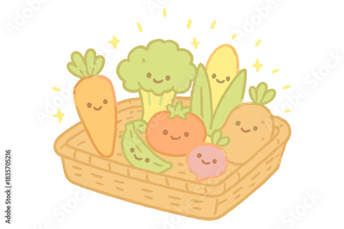 Smiling Harvest Tray. A cheerful harvesting tray with a glowing "ready to harvest" aura, tiny smiling vegetables, soft pastel