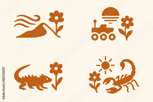 Desert Harmony. Icons for: motion tying sand, tail, and petal, desert rhythm uniting bloom and rover, quiet travel blending spined