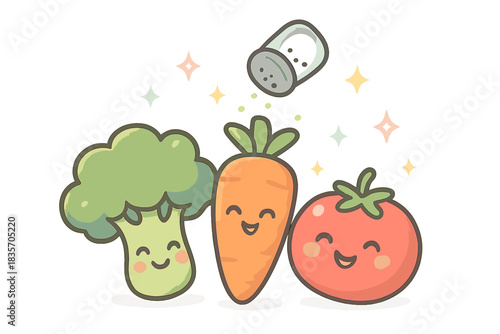 Playful Garnish on Vegetables. A tiny garnish sprinkle landing playfully on smiling vegetables, gentle sparkles and pastel accents